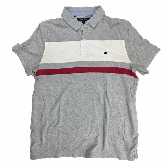 Tommy Hilfiger Gray White-Red Striped 1/4 Button S/S Polo Men's Size Large - Picture 1 of 5